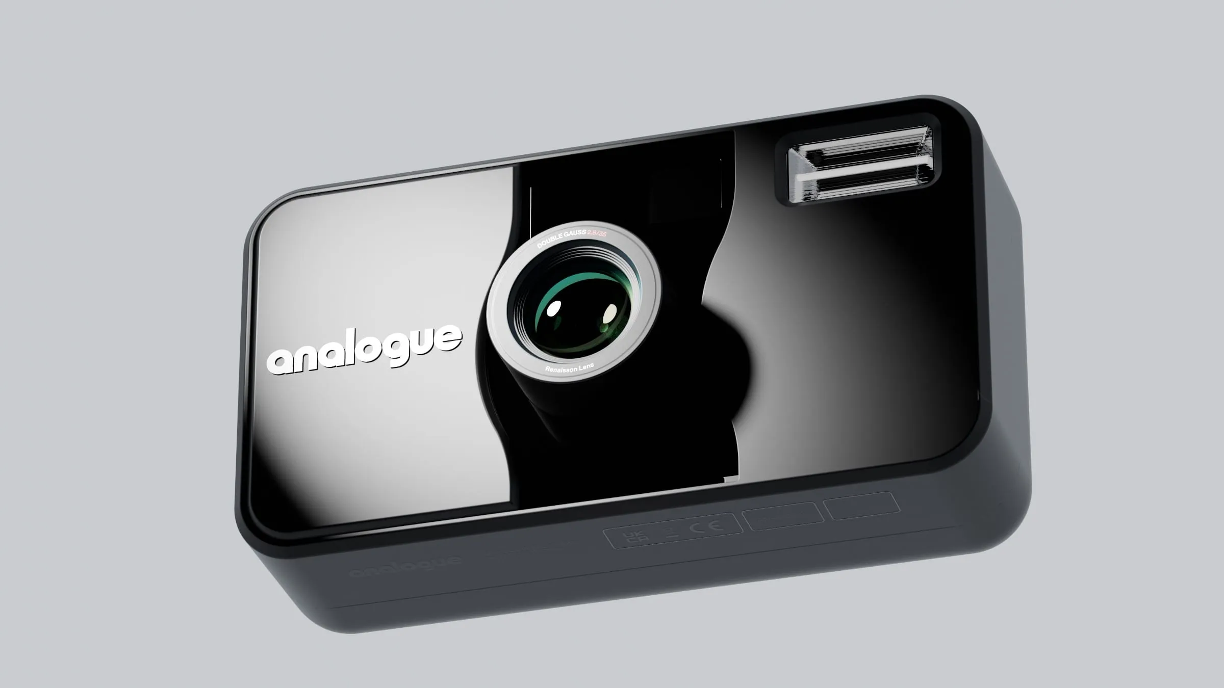 Angled render of the glossy black camera, Analogue AF1