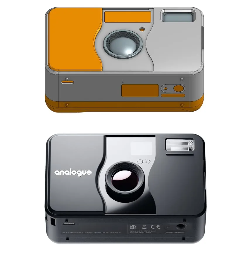 Grey and orange CAD model above the finished black render, Analogue AF1