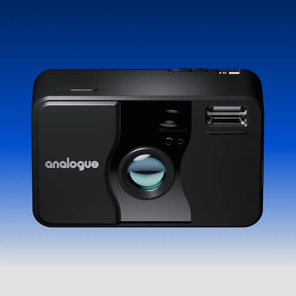 Front render of the camera on a blue gradient, Analogue AF1