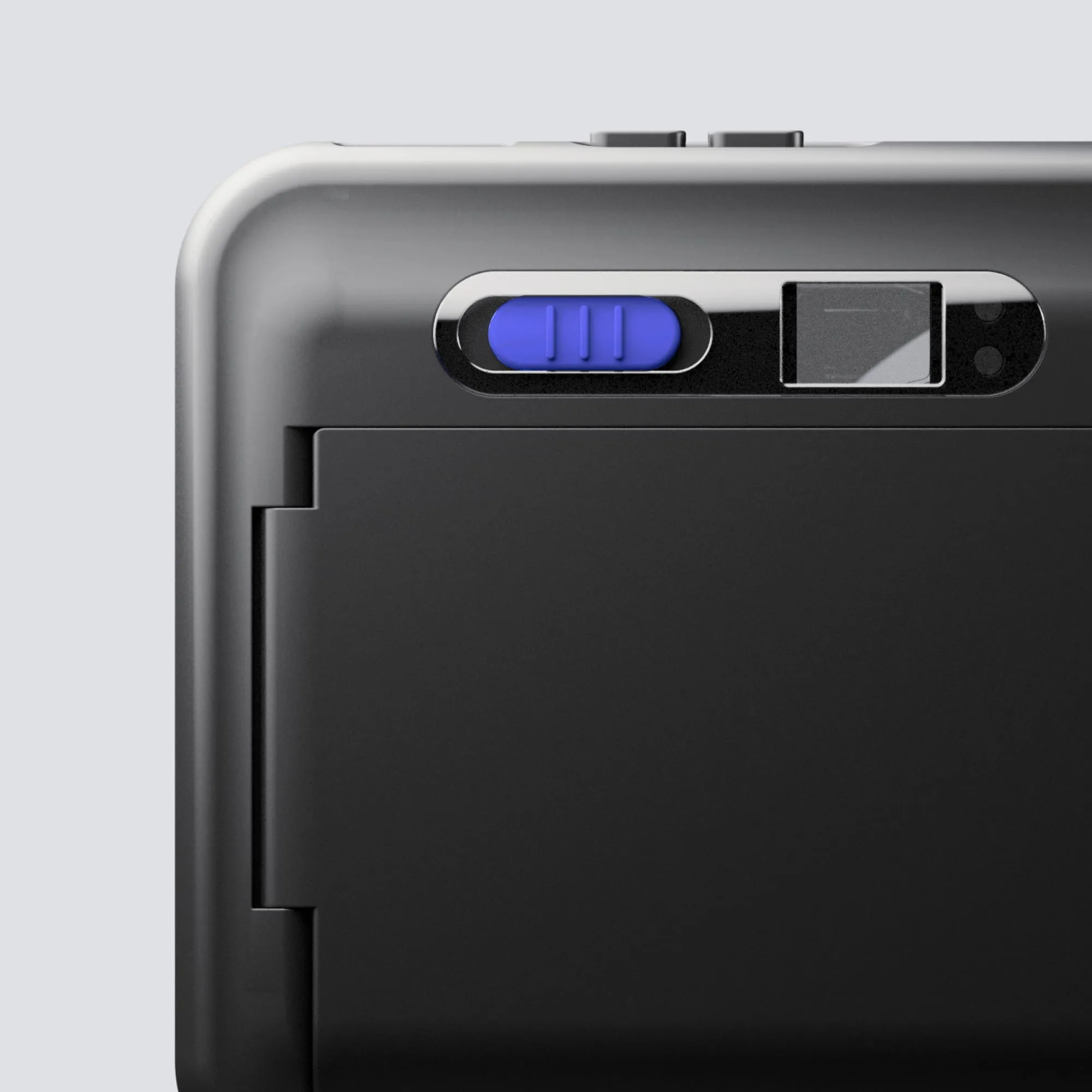 Close-up render of the top of the camera with the blue viewfinder, Analogue AF1