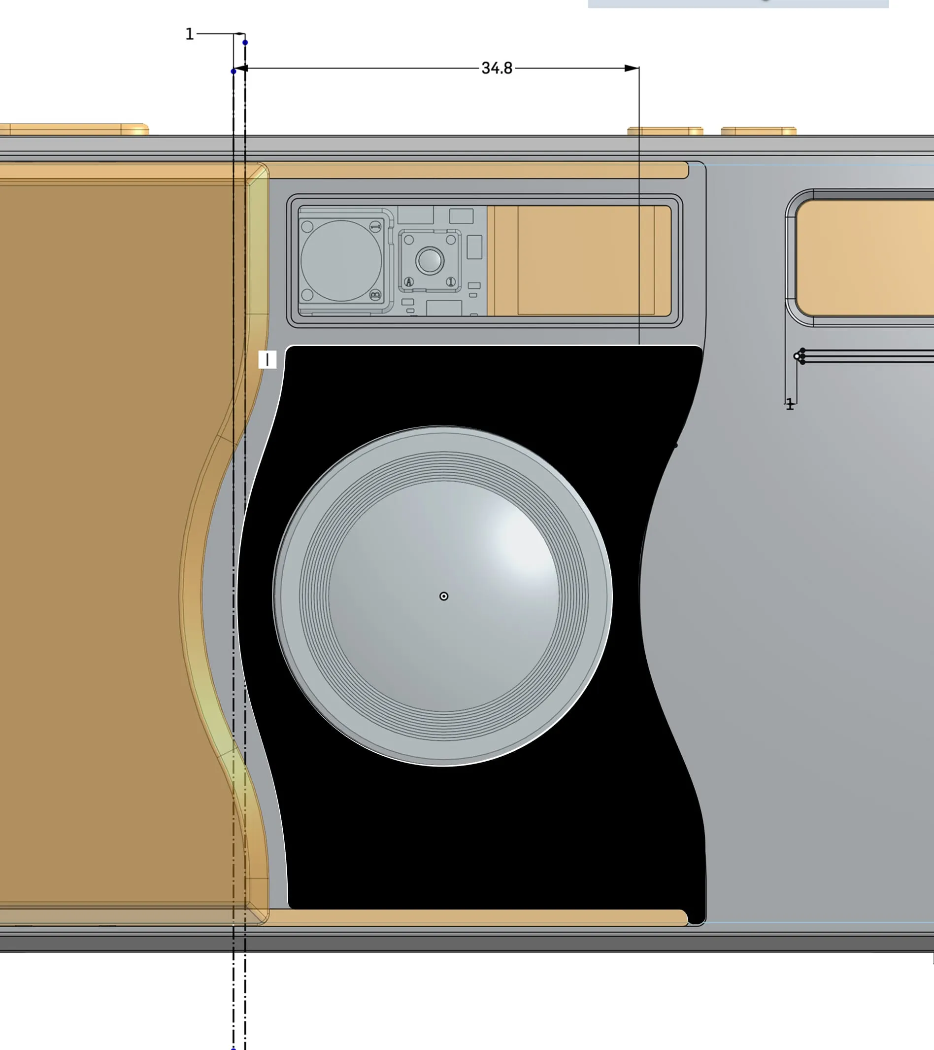 CAD front view with dimensions and the lens opening, Analogue AF1