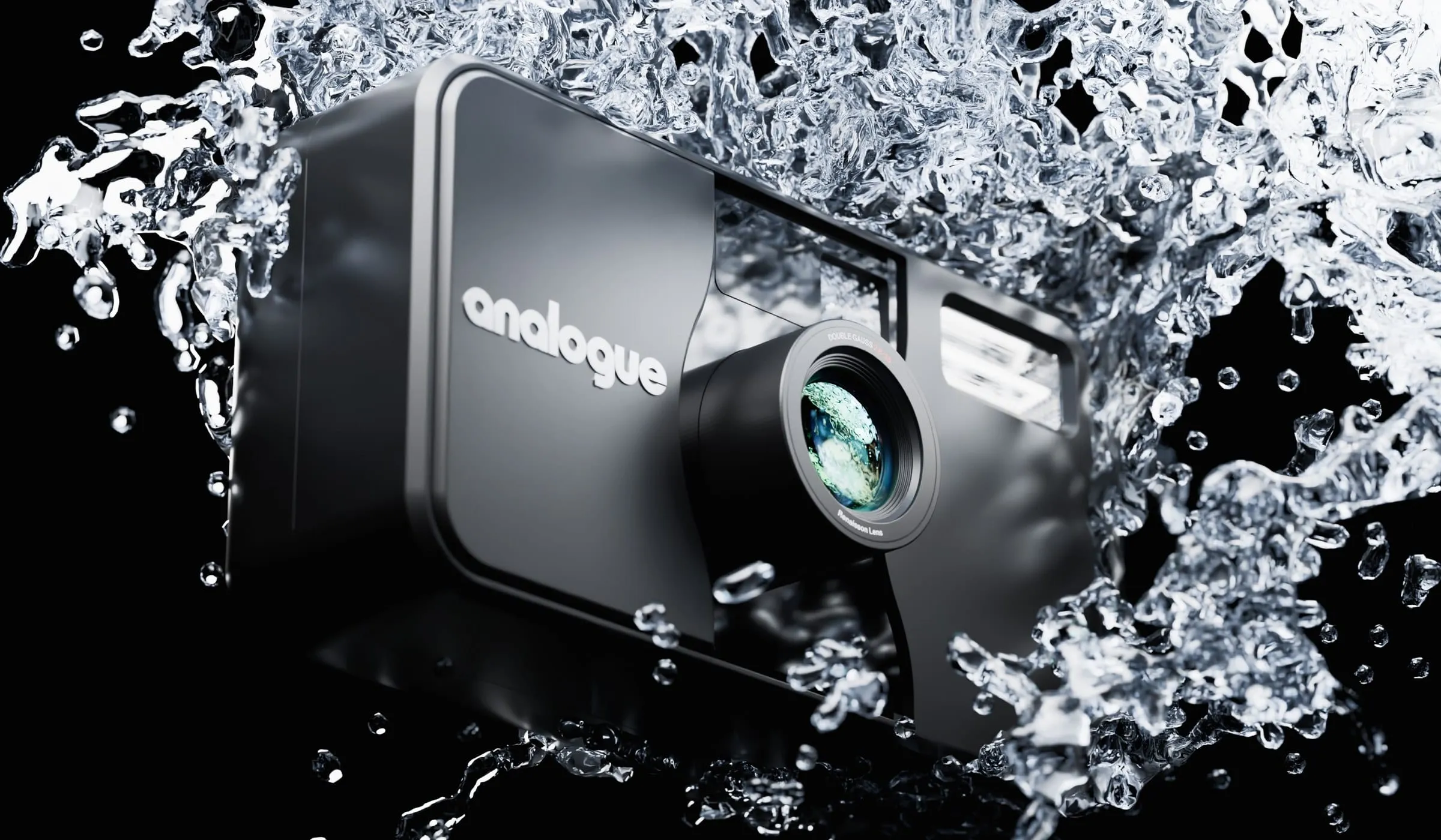 Analogue AF1 camera surrounded by splashing water
