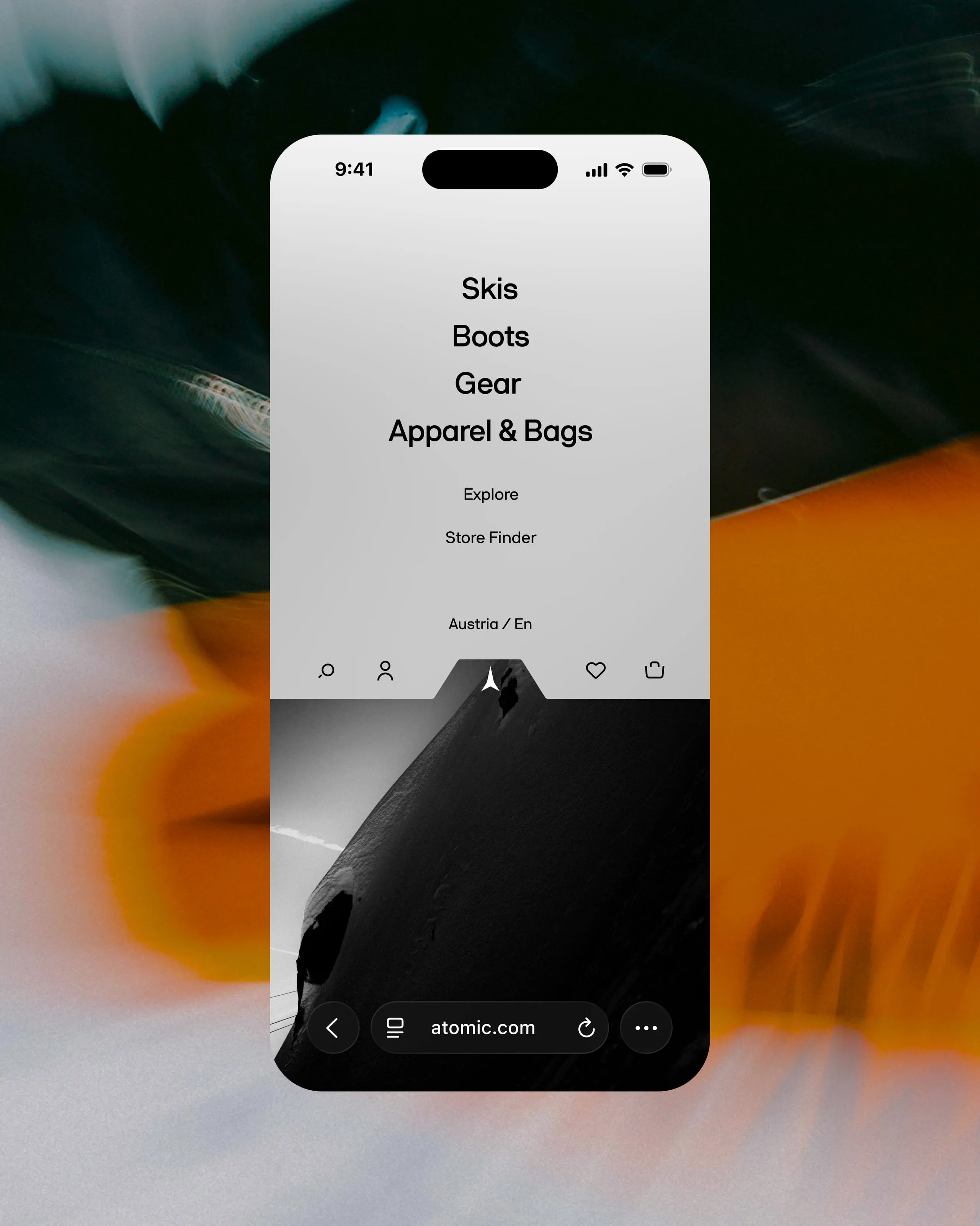 Mobile navigation menu over a blurred ski photo, Atomic Ski website
