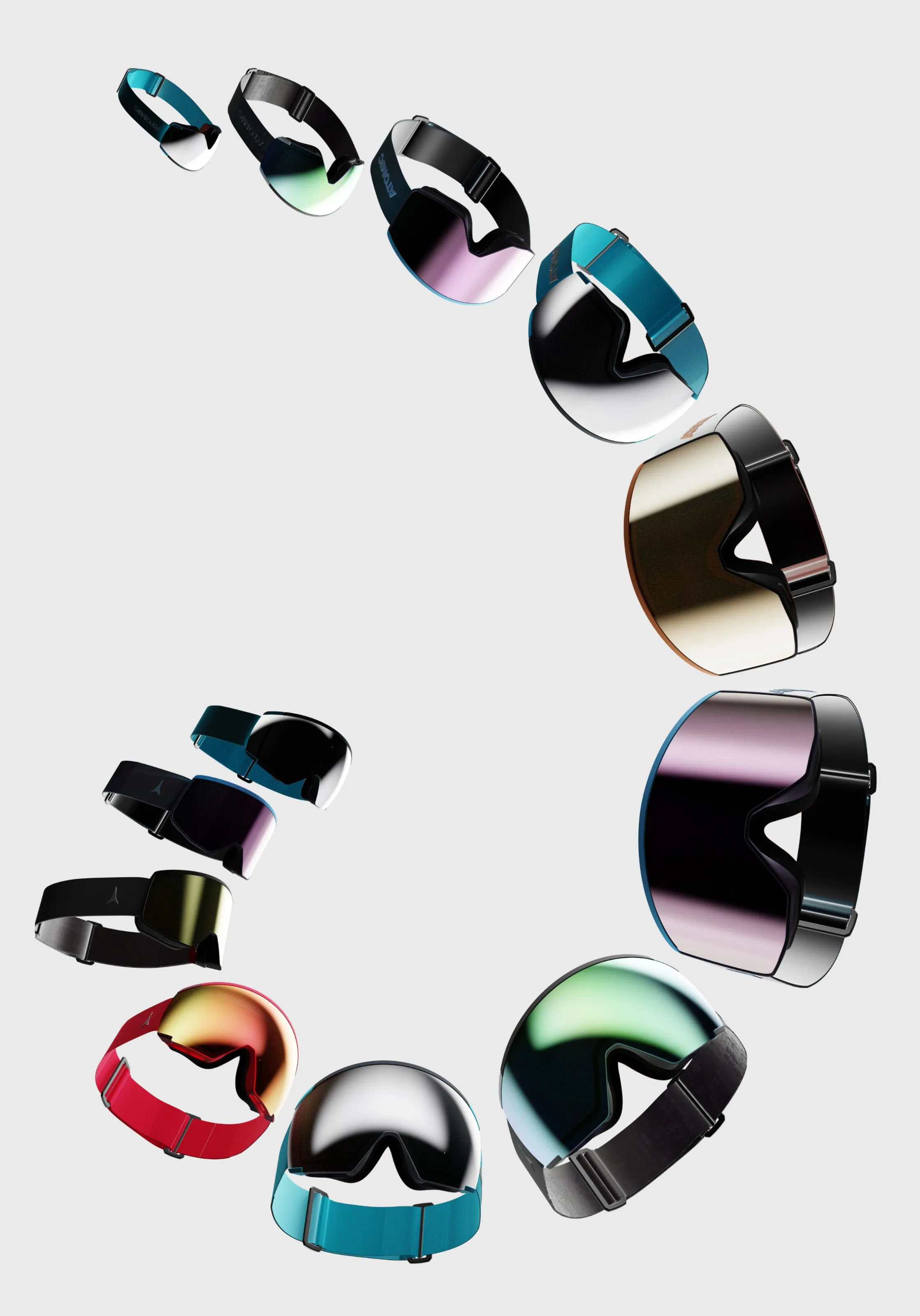 Atomic ski goggles arranged in a curve, Atomic Ski website