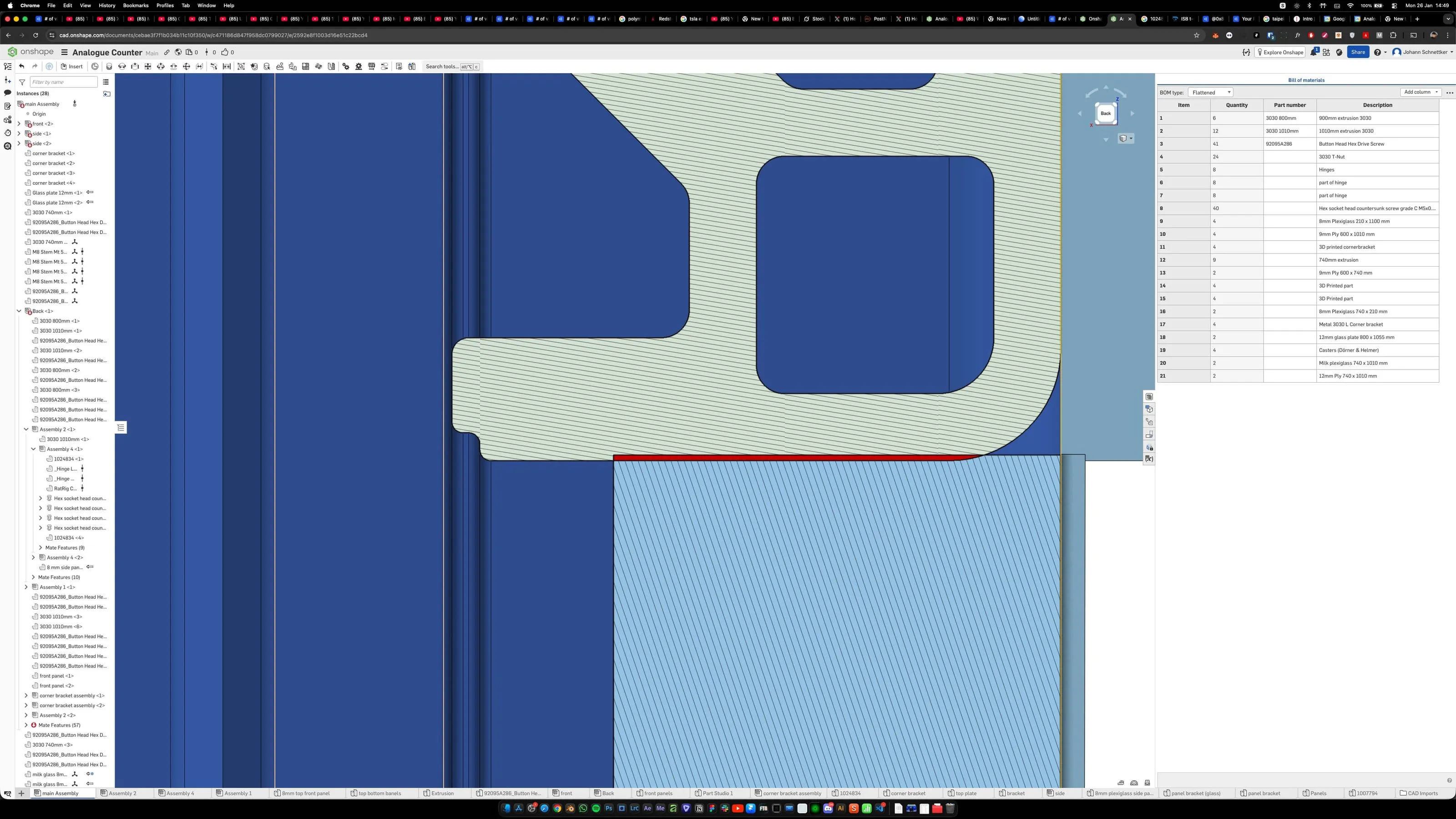 CAD close-up of a 3D printed bracket on an extrusion, Analogue store Zeedijk