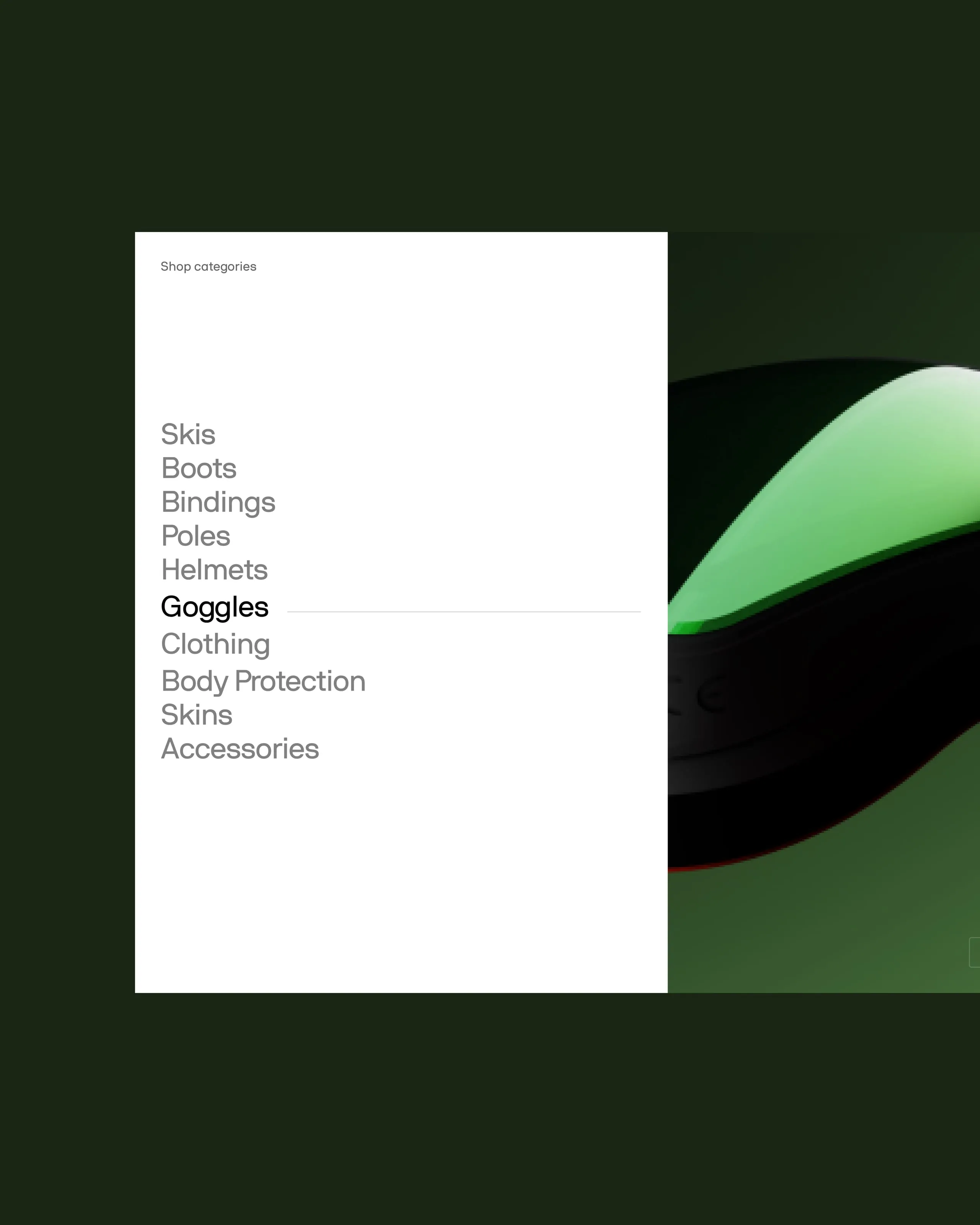 Category menu next to a green ski goggle render, Atomic Ski website