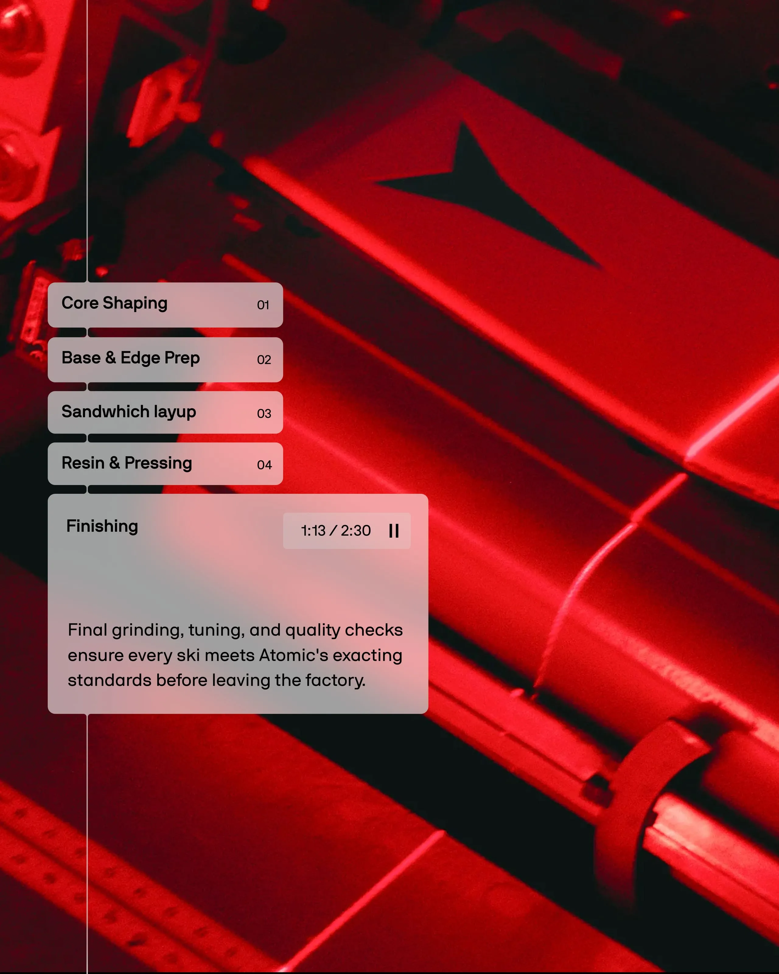 Factory video with chapter list over red ski production footage, Atomic Ski website