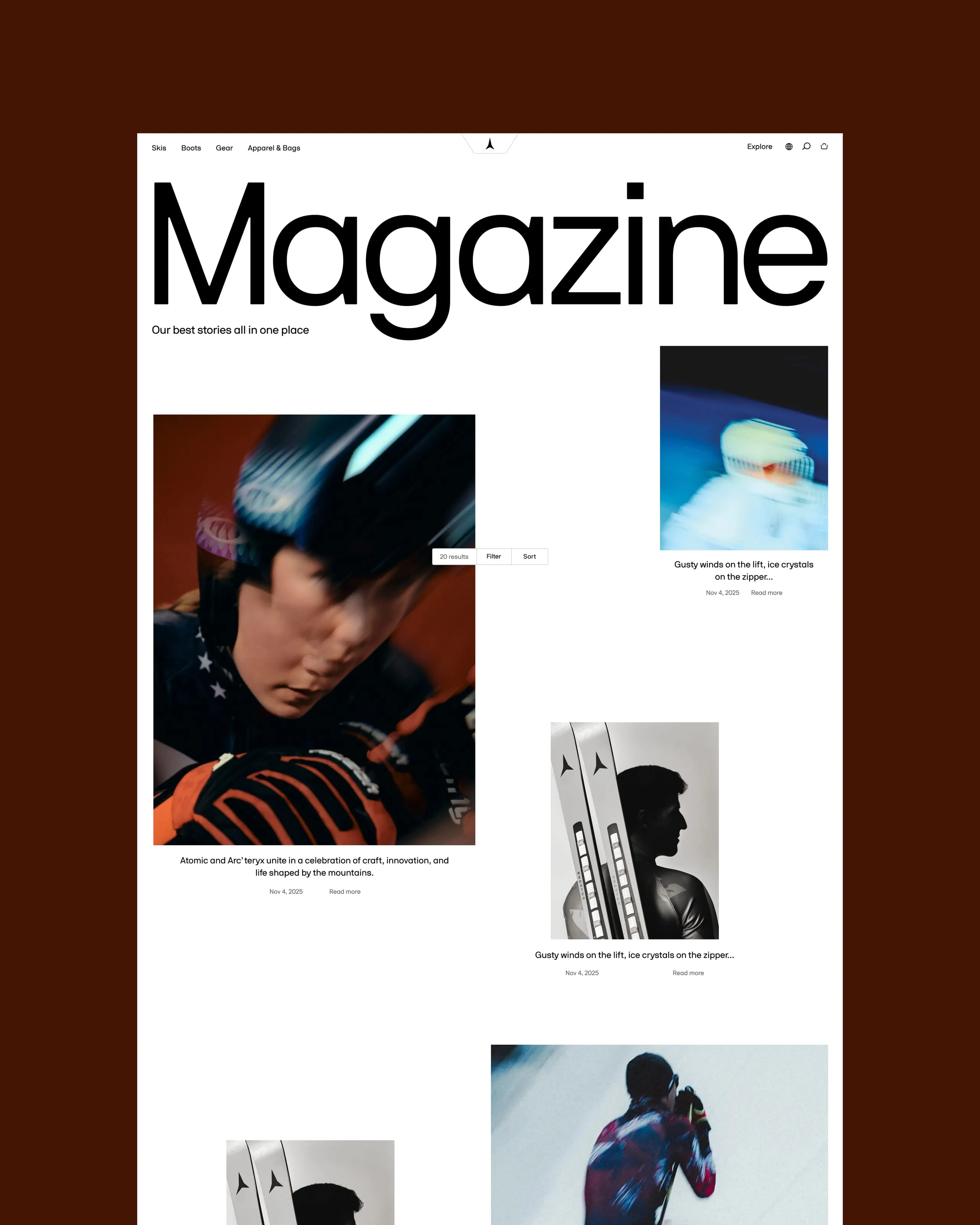 Magazine page design with skier portraits, Atomic Ski website