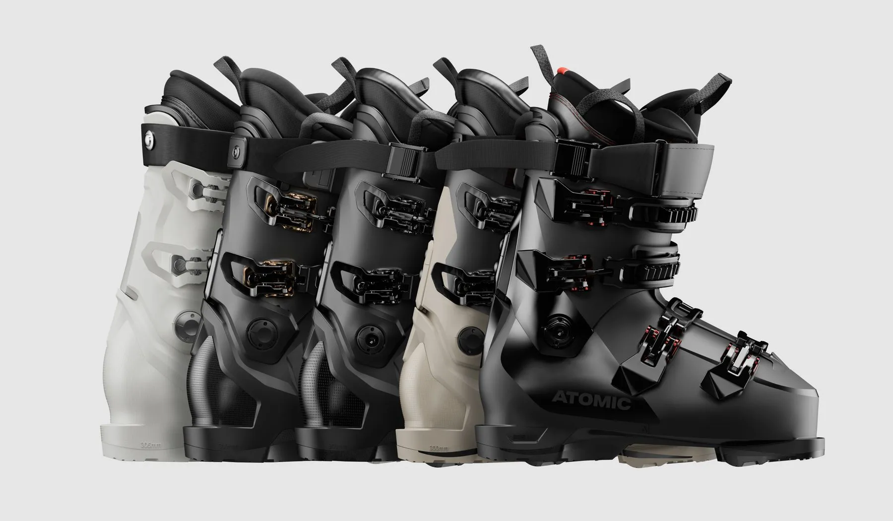 Row of Atomic ski boots fading from white to black, Atomic Ski website