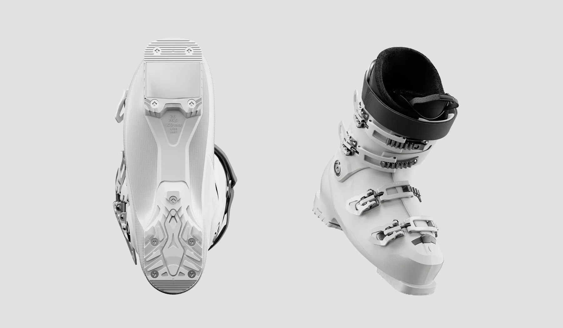White Atomic ski boot shown from the front and the side, Atomic Ski website