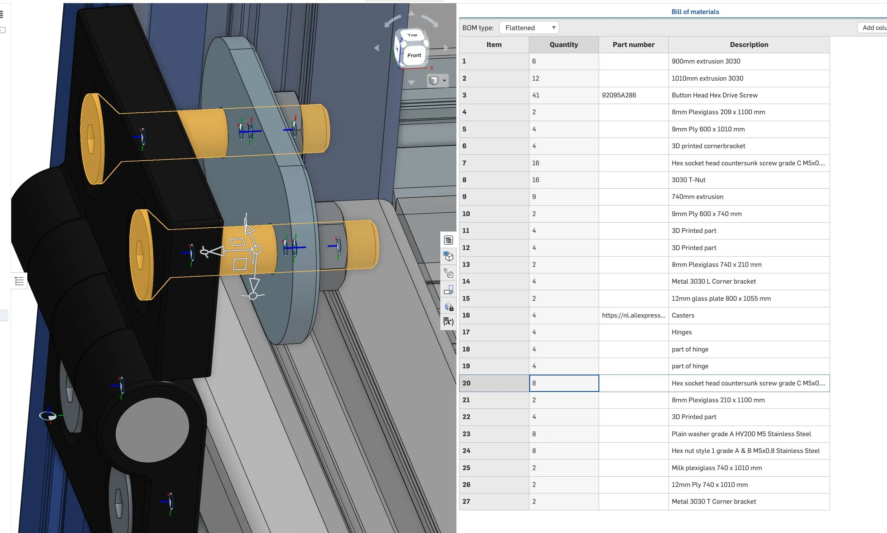 CAD detail of a caster mount next to the parts list, Analogue store Zeedijk
