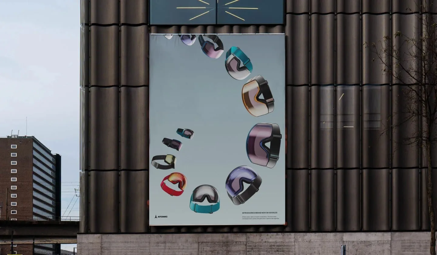 Billboard with Atomic goggles on a building, Atomic Ski website
