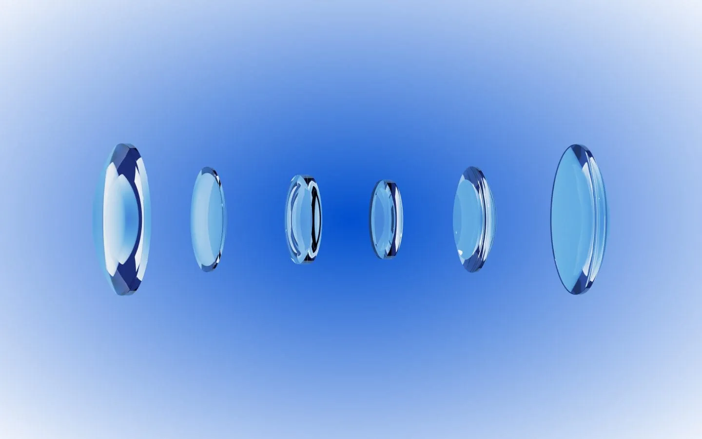 Render of the lens elements spread out on blue, Analogue AF1