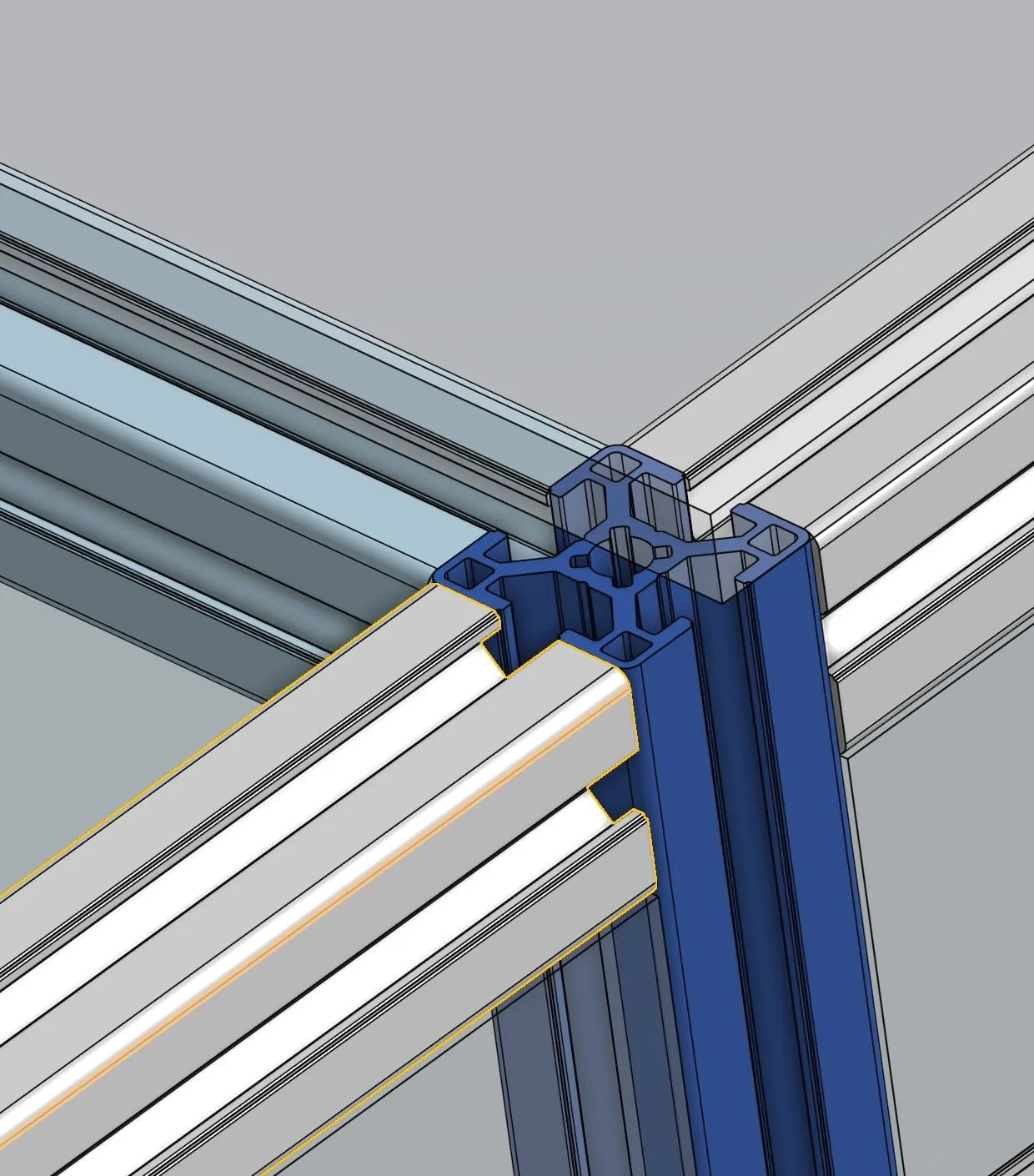 CAD close-up of a blue corner connector joining extrusions, Analogue store Zeedijk