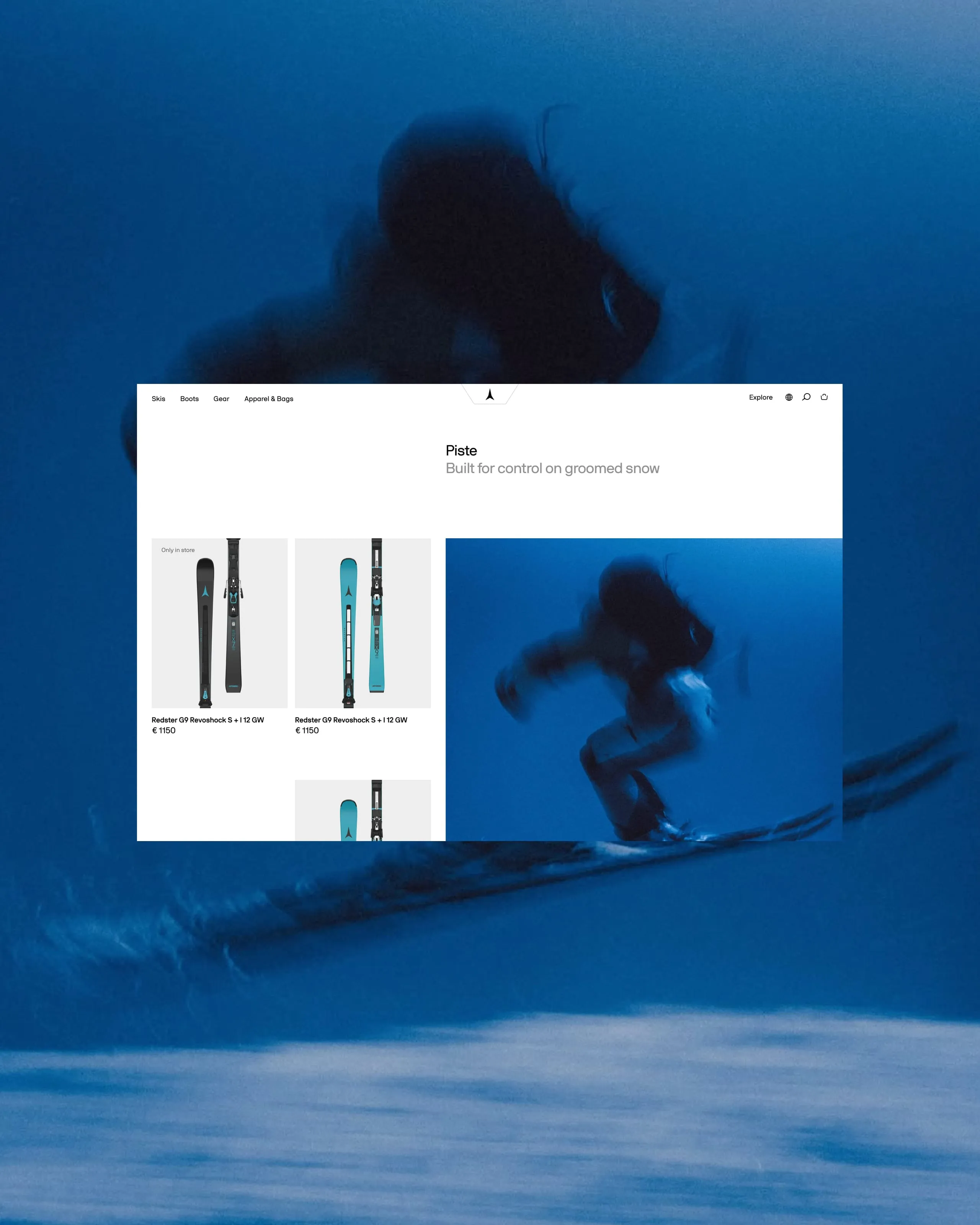 Product overlay on a photo of a skier mid-jump, Atomic Ski website