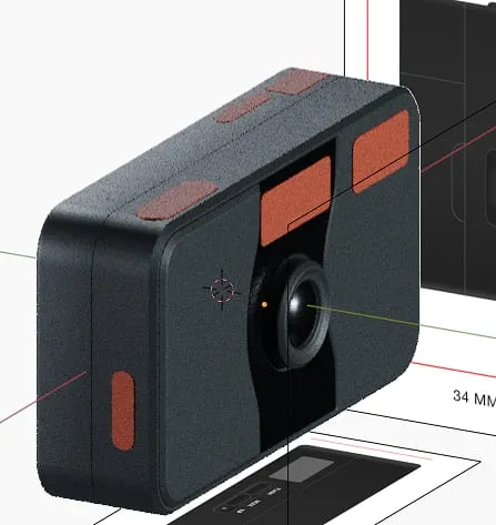 Grey block-out model of the camera with orange parts, Analogue AF1