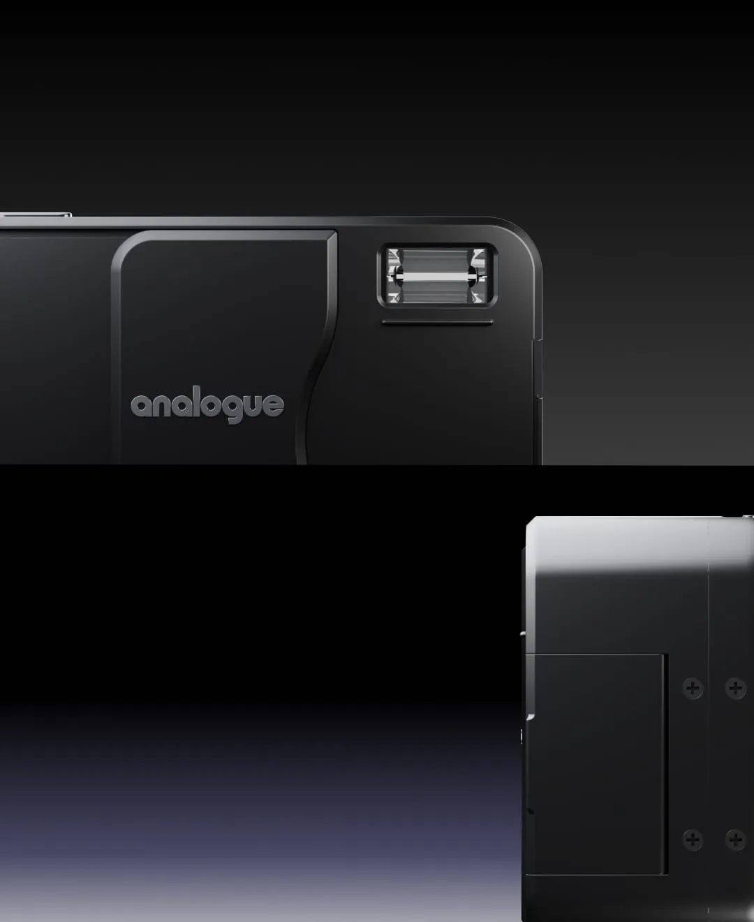 Website layout with camera renders on black, Analogue AF1